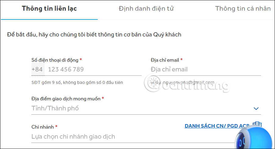 Nhập thông tin liên lạc trên ACB Online