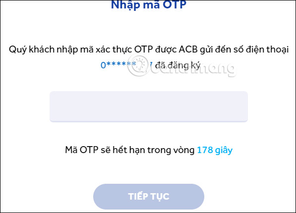 Nhập mã xác minh từ ACB Online