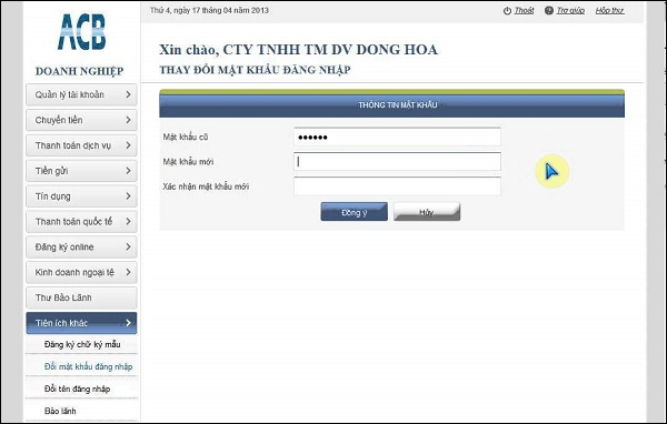 Đổi mật khẩu ACB Online