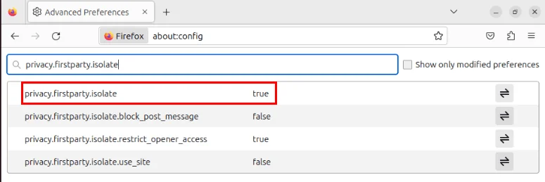 Giá trị firstparty.isolate đã sửa đổi trong Firefox ESR.