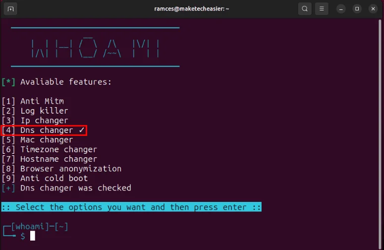 Terminal hiển thị mô-đun thay đổi DNS được kích hoạt trong Whoami.