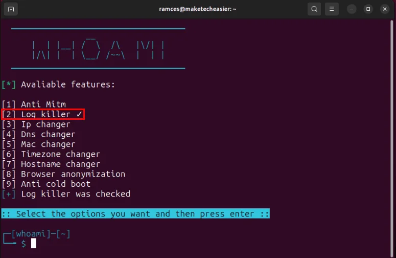 Terminal hiển thị tính năng Log killer được bật trong Whoami.