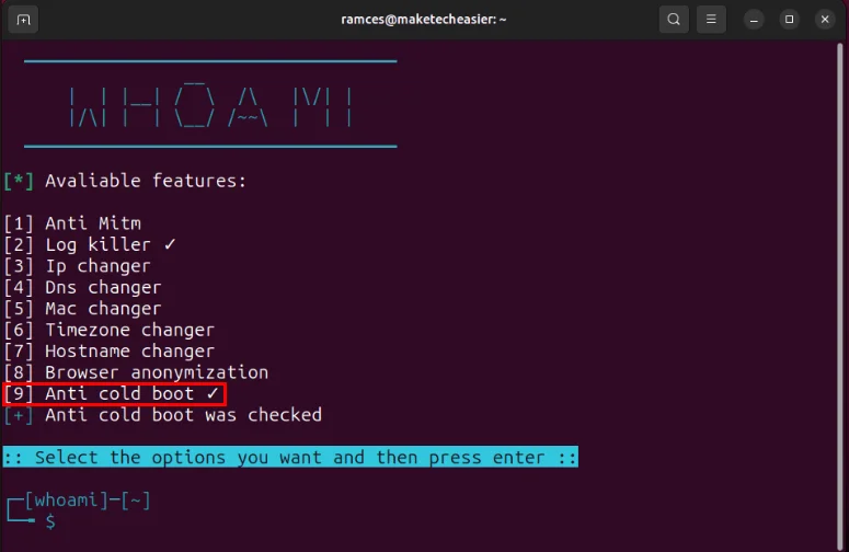 Terminal hiển thị mô-đun Anti cold boot được bật trong Whoami.