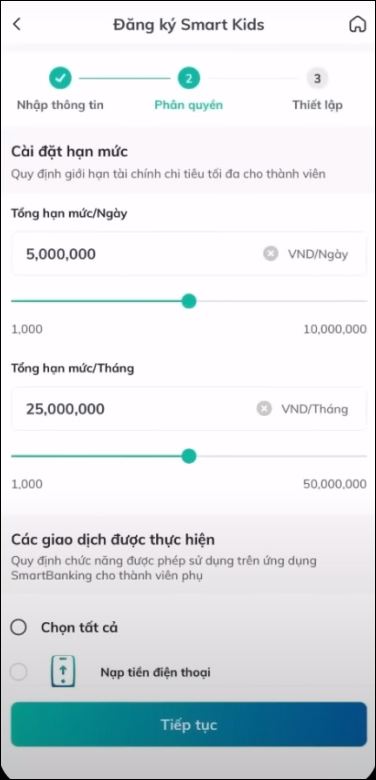 Hạn mức giao dịch trên BIDV Smart Kids