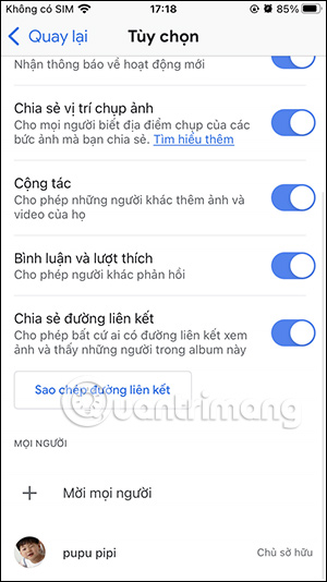 Thiết lập album chia sẻ Google Photos