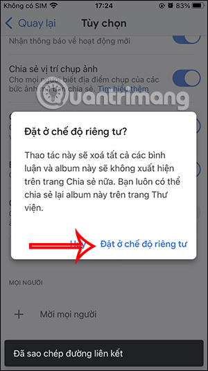 Tắt chia sẻ album Google Photos