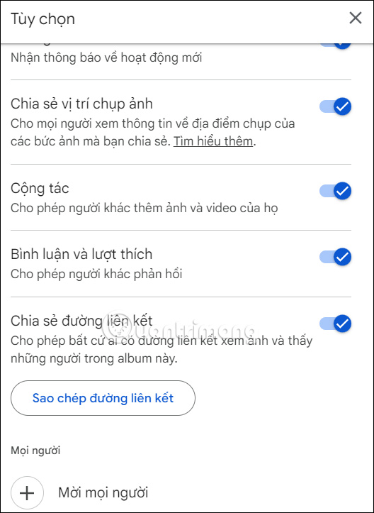 Chỉnh album chia sẻ Google Photos