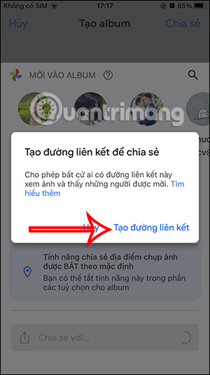 Tạo liên kết album chia sẻ Google Photos