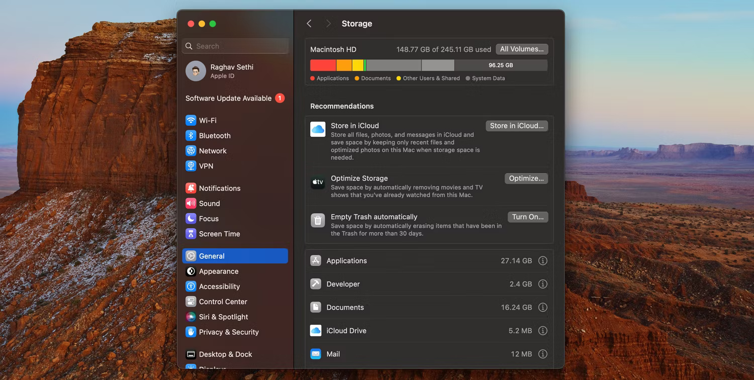 Menu System Setting trong macOS hiển thị phần Storage