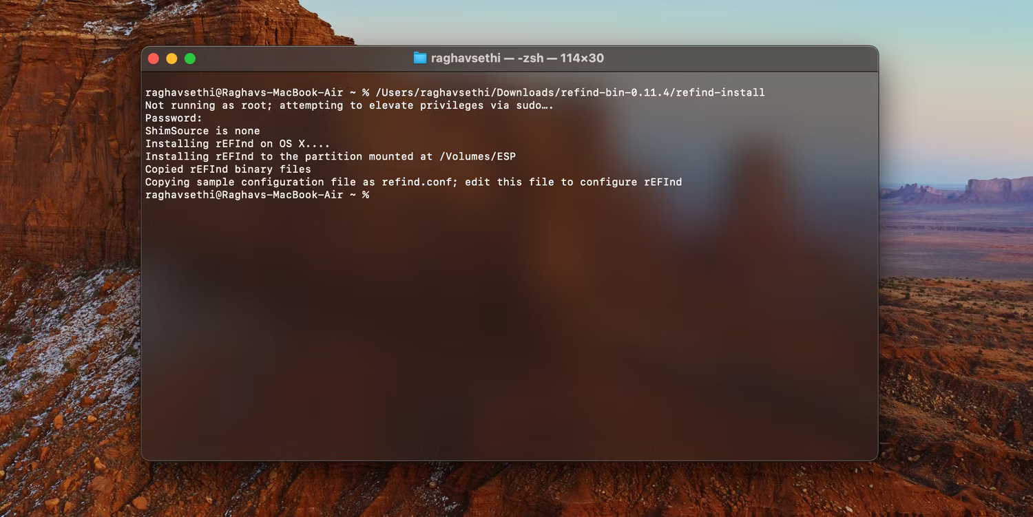 Terminal macOS chạy thiết lập rEFInd