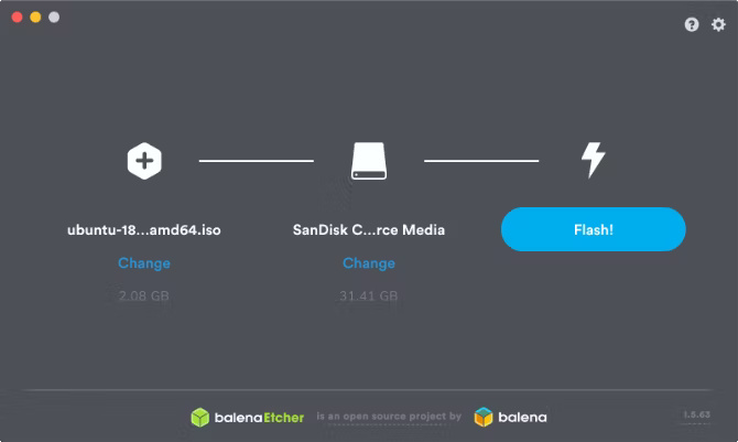 Cửa sổ balenaEtcher sẵn sàng tạo trình cài đặt USB Ubuntu