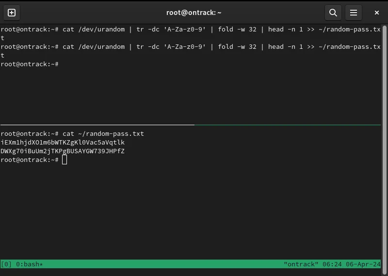 Terminal hiển thị hai mật khẩu được tạo ngẫu nhiên cho Ontrack.