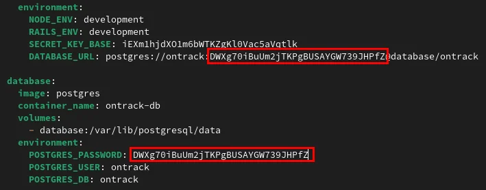 Terminal highlight cùng một mật khẩu thứ hai trên biến POSTGRES_PASSWORD.