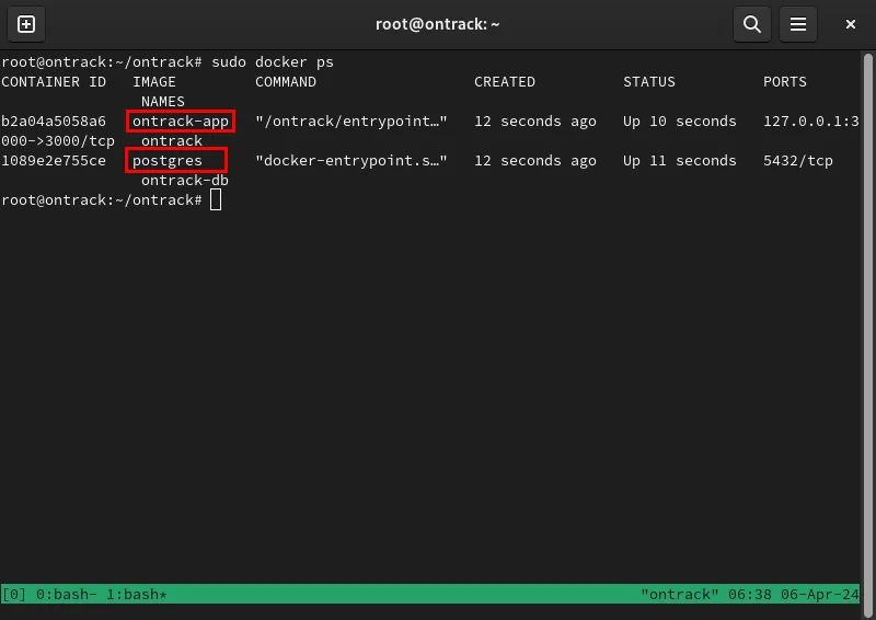 Terminal hiển thị hai container Docker đang chạy Ontrack.