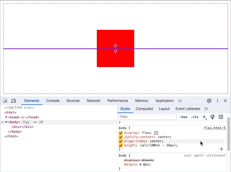 Hình vuông màu đỏ ở giữa trang web có Chrome Dev Tools hiển thị HTML và CSS