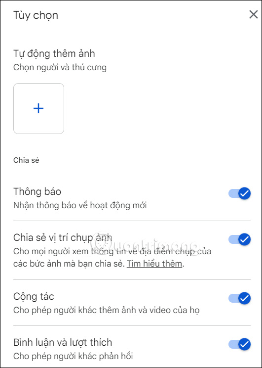 Tùy chỉnh chia sẻ album Google Photos PC