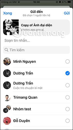 Chọn người chia sẻ album Google Photos