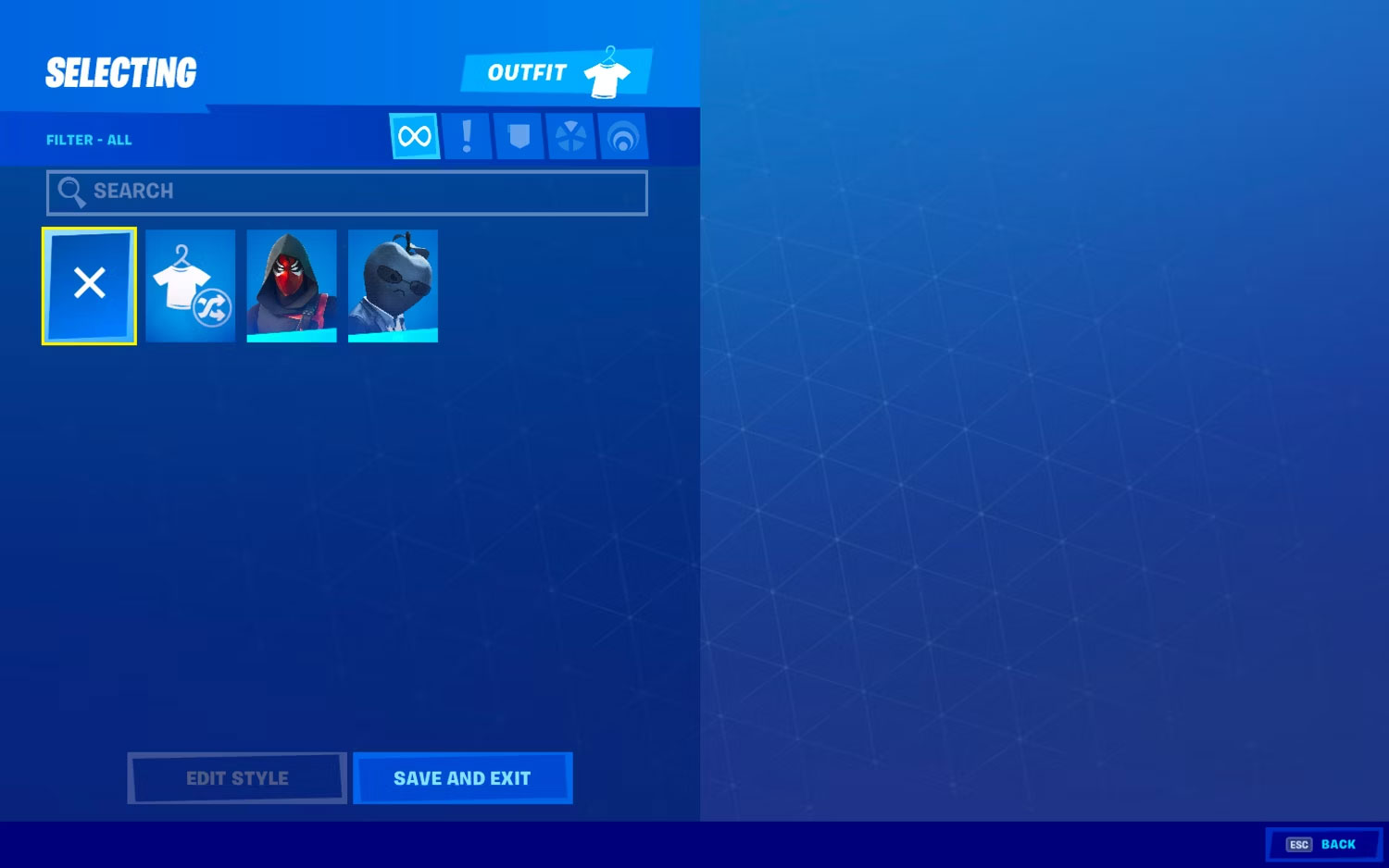 Phần outfit gần như trống rỗng trong Fortnite Locker