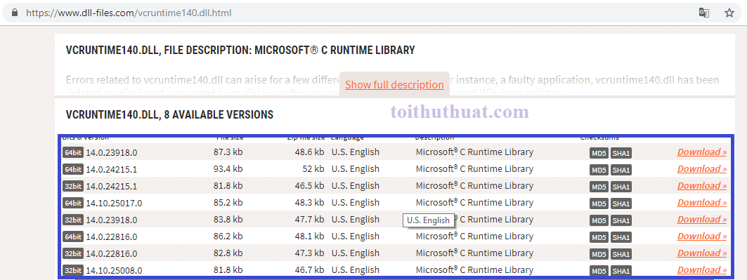 Download tệp  VCRUNTIME140.DLL bị thiếu về máy tính