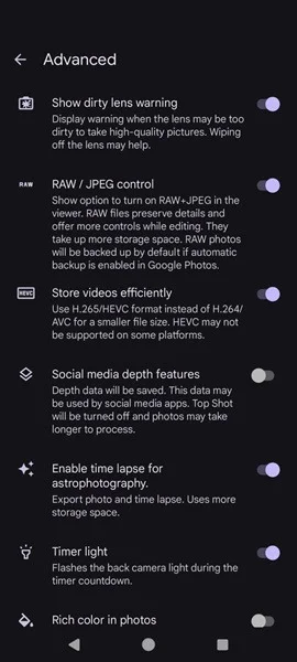 Cài đặt RAW hiển thị trong Google camera.