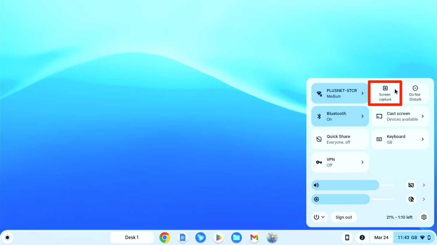 Chọn Screen capture từ cài đặt nhanh của ChromeOS