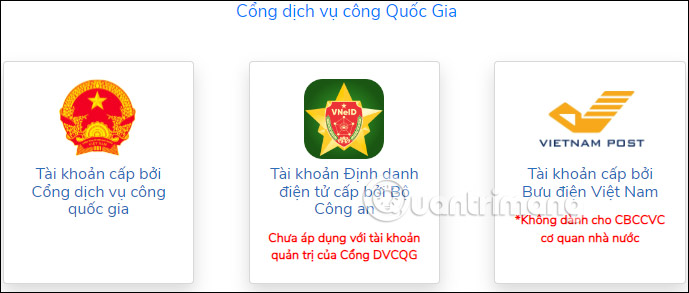 Chọn đăng nhập Cổng DVC Quốc gia