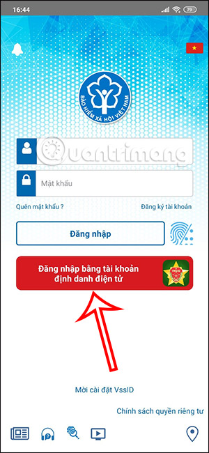 Tùy chọn đăng nhập VssID bằng VNeID