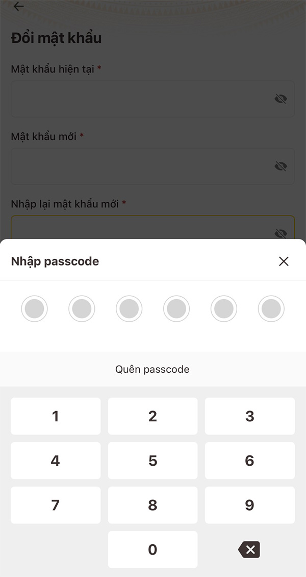 Nhập passocode đổi mật khẩu VNeID mới