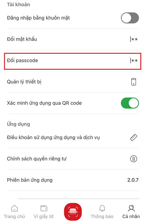 Đổi passocode VNeID