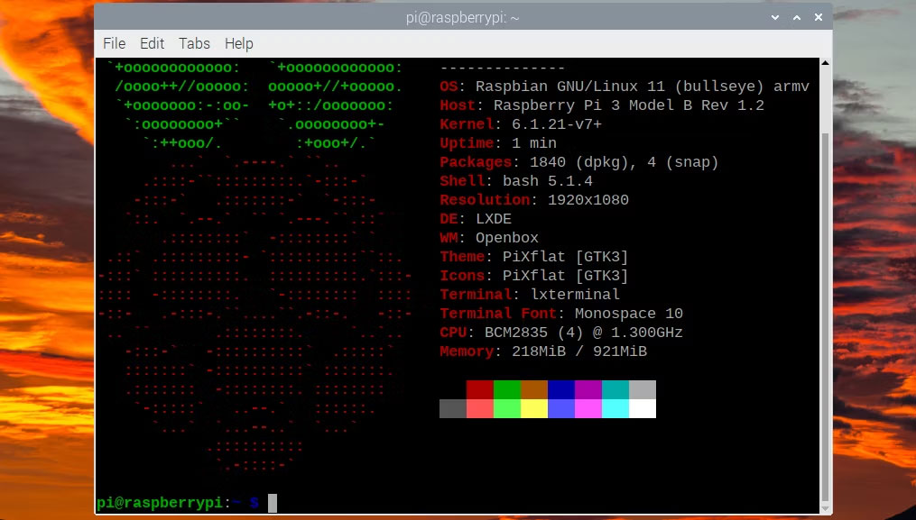 Thông tin hệ thống Neofetch trong cửa sổ terminal Raspberry Pi