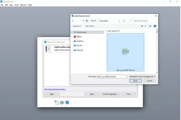 Màn hình thêm tiện ích mở rộng của OpenOffice với file OXT được highlight