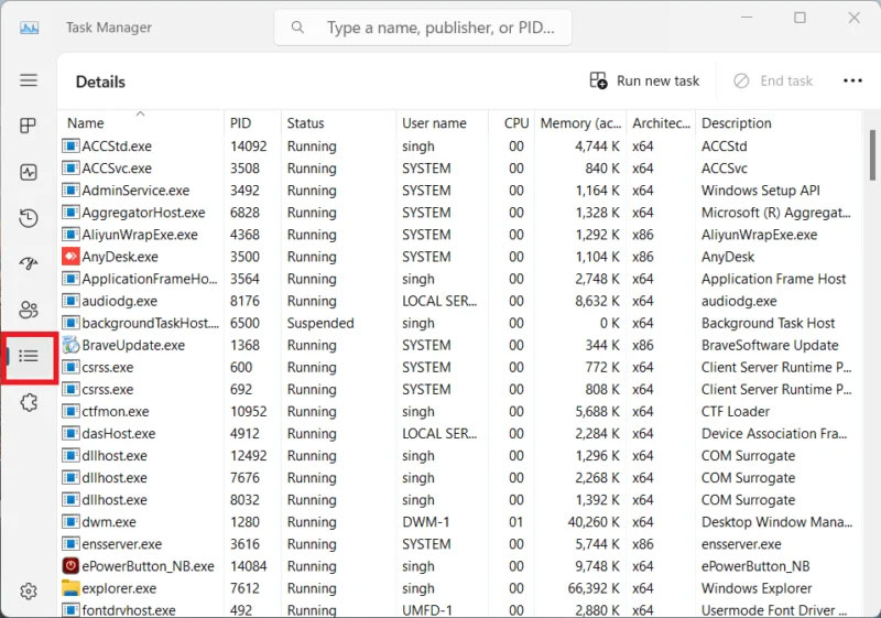 Danh sách tiến trình của Task Manager