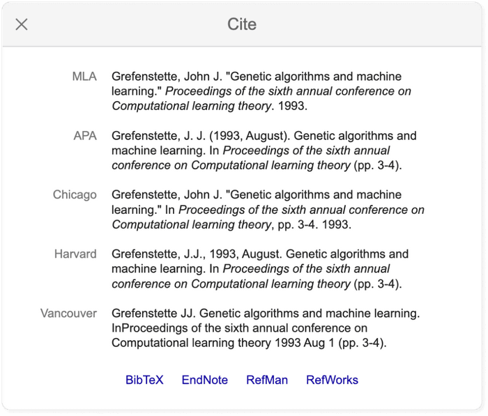 Google Scholar cho phép truy xuất các trích dẫn ở các định dạng phổ biến như APA, MLA, Chicago, Harvard và Vancouver.