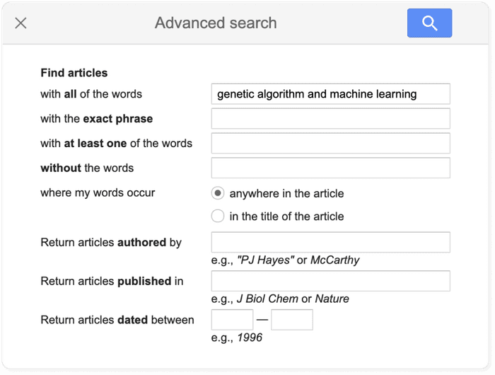 Giao diện tìm kiếm nâng cao của Google Scholar.