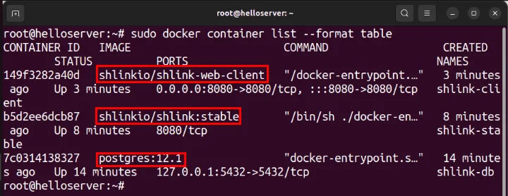 Terminal hiển thị 3 container xây dựng ứng dụng web Shlink hoàn chỉnh.