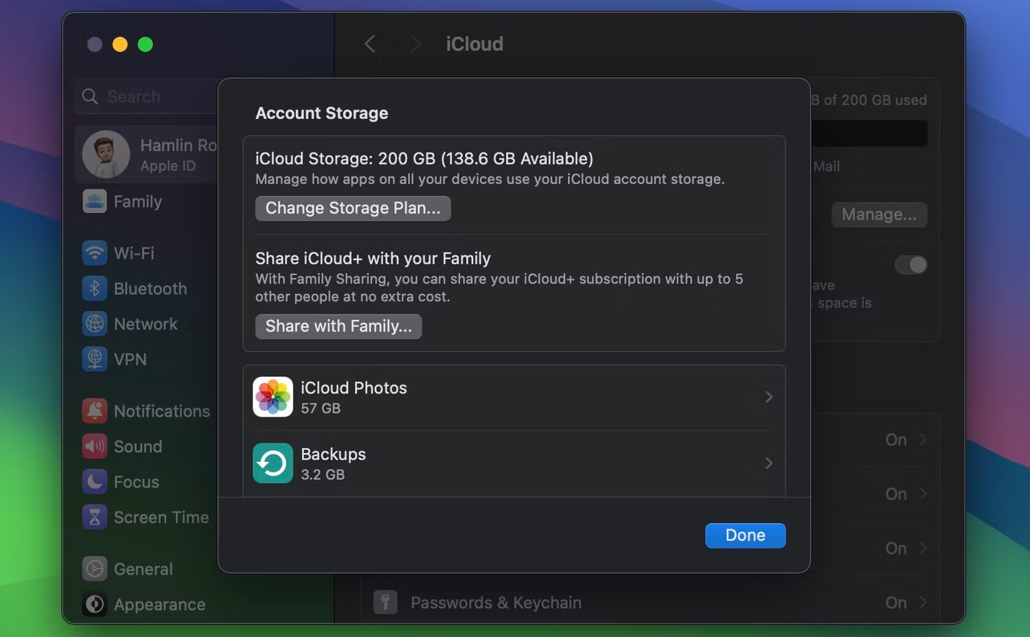 Menu Account Storage trong iCloud trên macOS