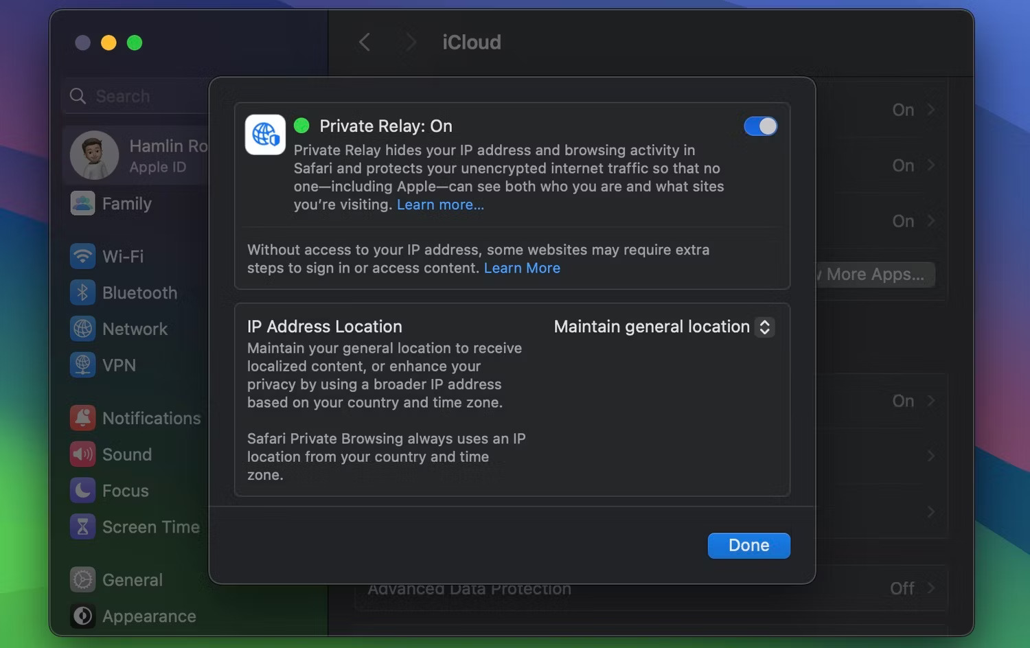 Menu iCloud Private Relay trong macOS