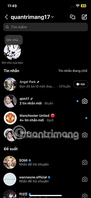 Giao diện nhắn tin Instagram