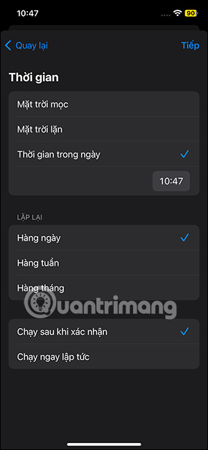 Giao diện thiết lập thời gian