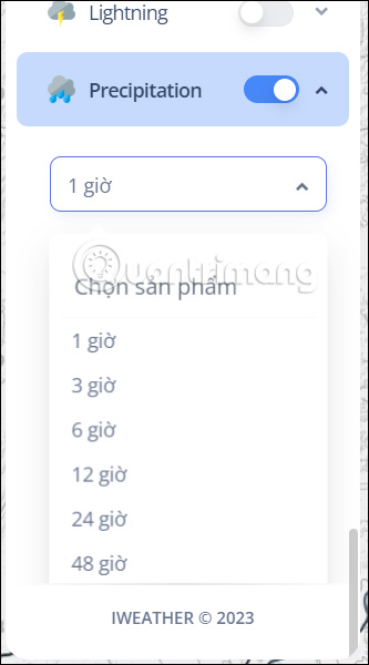 Thời gian dự báo lượng mưa trên bản đồ iweather