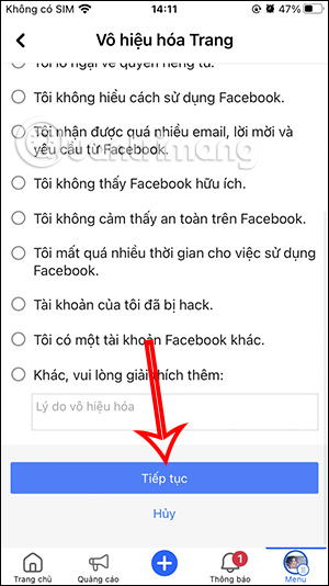 Chọn lý do khóa Fanpage Facebook