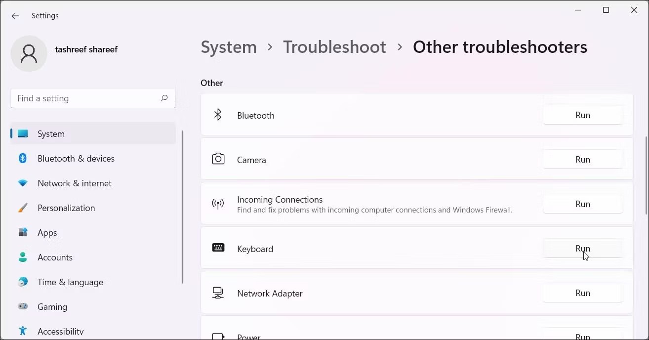 Cài đặt Windows 11 hiển thị tùy chọn Keyboard Troubleshooter.