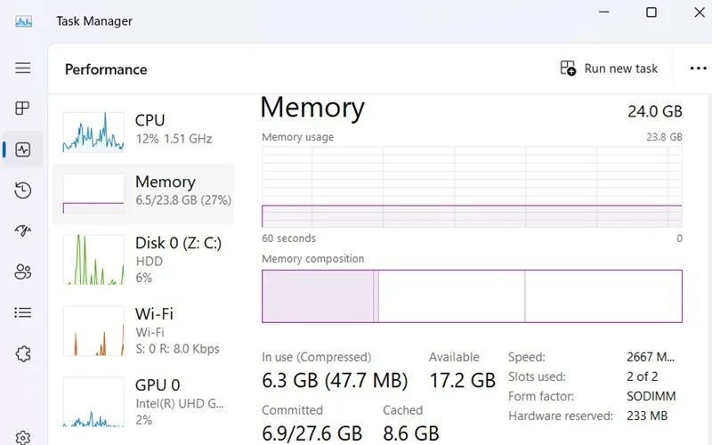 Kiểm tra chi tiết hiệu suất và mức sử dụng RAM trong Task Manager.