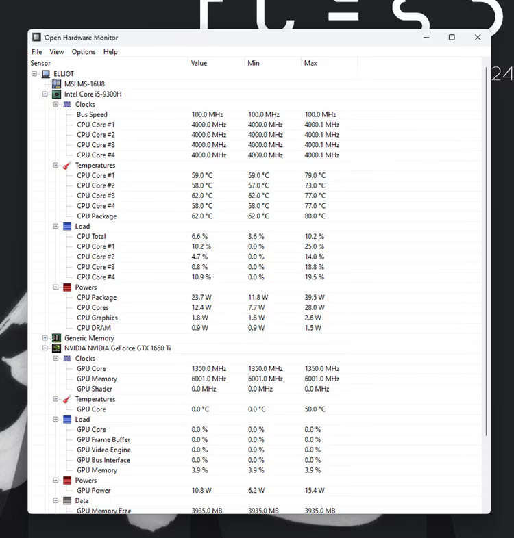 Giao diện OpenHardwareMonitor