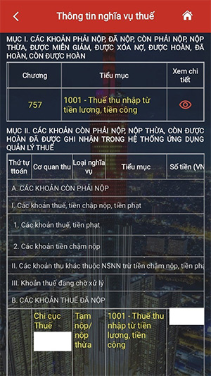 Thông tin nợ thuế thu nhập cá nhân nếu có