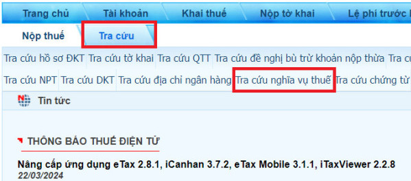 Tra cứu nghĩa vụ nộp thuế trên web Tổng cục Thuế