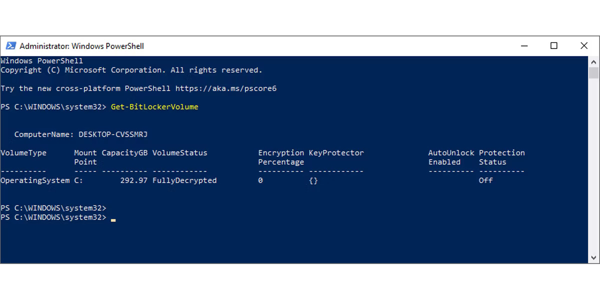 Kiểm tra trạng thái Bitlocker bằng Windows PowerShell.