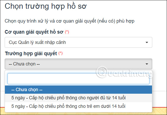 Chọn đối tượng làm hộ chiếu trên Cổng DVC Quốc gia