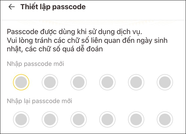 Nhập passcode mới cho VNeID