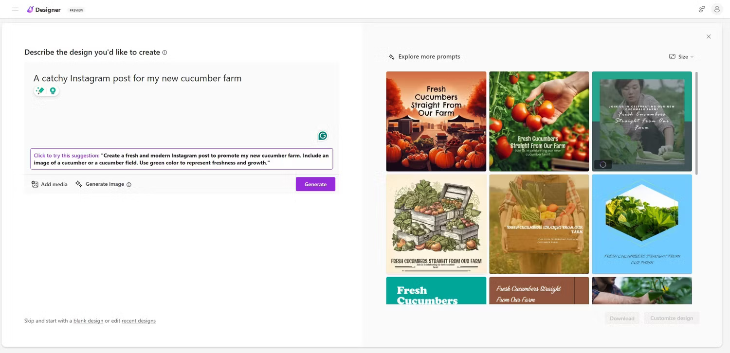 Microsoft Designer tạo bài đăng trên Instagram về trang trại dưa chuột